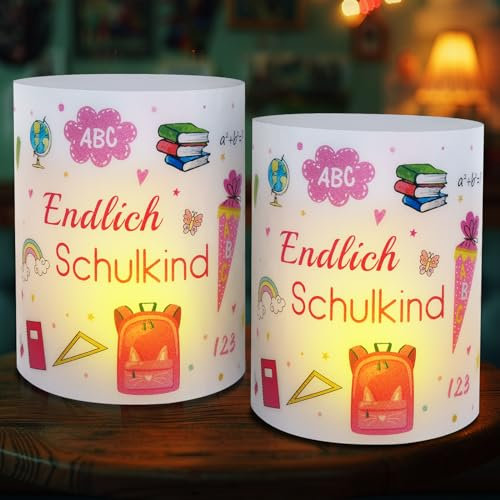 12 Windlicht Tischdeko Einschulung Mädchen, Deko Einschulung Mädchen Tisch, Windlichter Tischdeko Endlich Schulkind, Deko Schulanfang Mädchen, Meine Einschulung Deko, Geeignet für Teelicht oder Kerzen