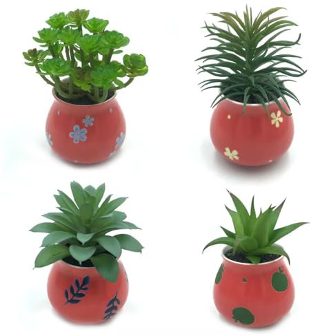 PASCH® Juego de 4 plantas suculentas artificiales en macetas de cerámica pintadas a mano: decoración para salón, baño, oficina, pequeñas plantas artificiales
