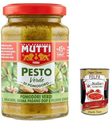 Italian Gourmet Pesto Verde Pomodori Verdi, grüne Sauce für Pasta 12 x 180g | Mit 100% italienischer Tomate, cashews, Grana Padano e Pecorino Romano, Gesamtnettogewicht 2,16 kg + Kostenlos Polpa 400g