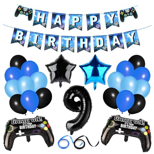 Gaming Party Decorations Black Birthday Decoration Boys Happy Birthday Banner Game Controller Balloons Black Green Balloons for Kids Teenagers Party Supplies (9th Birthday)