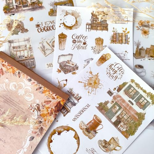 Arpaper 20 Blätter Scrapbook Zubehör Herbst Coffee Thema Scrapbook Stickers Set,Geeignet für Bullet Journaling,Fotoalbum,Computer,Scrapbooking（Coffee）