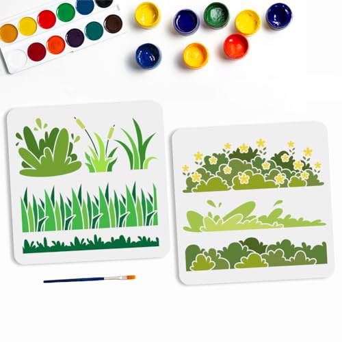MAYJOYDIY 2 Stück Gras Schablone 30×30cm Große Wiesen Malschablonen Mit Pinsel Wiederverwendbare Schilf Wassergras Vorlage Zum Malen Für Holz Wände Fenster Heimwerker Dekoration
