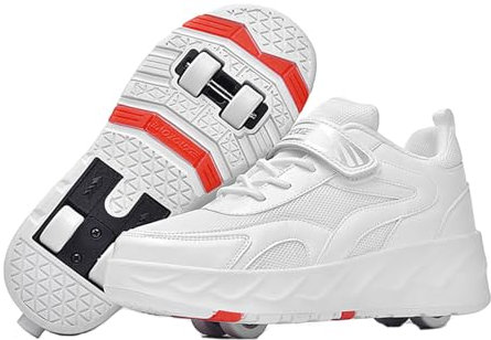 Mateju Schuhe mit Rollen für Jungen Mädchen, Kinder Rollschuhe Schuhe mit 4 Rollen,Turnschuhe Versenkbarer, 2-in-1 Roller Schuhe Turnschuhe Skateboardschuhe 31 EU Weiß