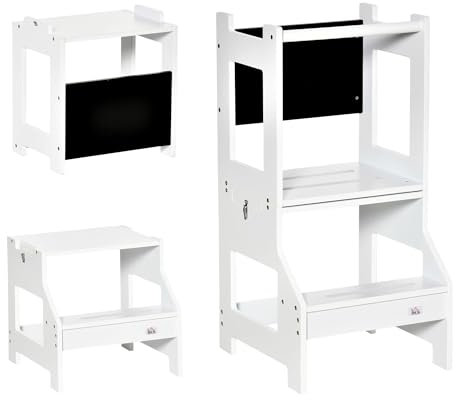 HOMCOM Torre de Aprendizaje 2 en 1 Taburete de Aprendizaje para Niños de +3 Años Convertible en Escritorio con Pizarra y Barra de Seguridad 42x44x86 cm Gris
