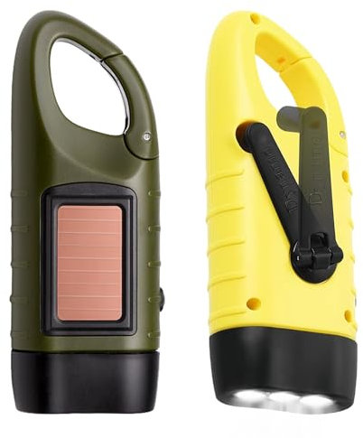 Sporgo Torcia a manovella a LED ricaricabile: 2 pezzi torcia solare Dynamo con moschettone, mini torcia portatile con manovella e pannello solare per campeggio all'aperto