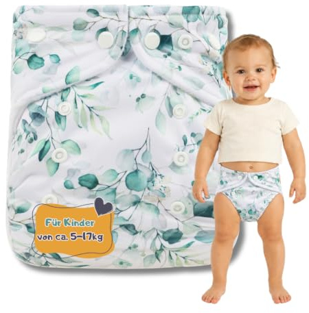 Lumina Überhose One-Size, Komfortable Soffwindel für Kinder von 5–17 kg | Windelhöschen mit Druckknöpfen für flexible Größenanpassung, weiche Windelhose mit Minky Beinbündchen, Eukalyptus