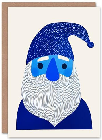 Wee Blue Coo Blue Gnome Santa Claus Bright Folk Art Fun Xmas Art Blank For All Christmas Card