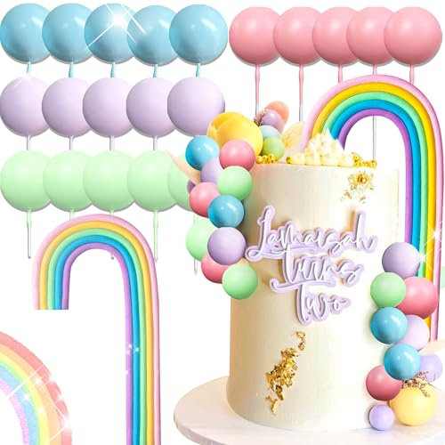 LaVenty 21 PCS Macaroon Rainbow Ball Cake Toppers Colorful Rainbow Cake Topper Pastel Color Balls Cupcake Toppers for Birthday Baby Shower Wedding Party