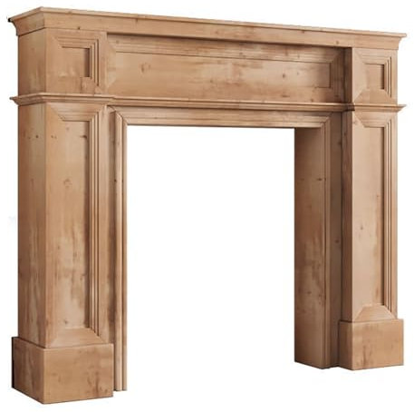Rustikale Kaminumrandung aus Massivholz mit Stauraum, Vintage-Kaminmöbel für Wohnzimmer und Flur, weiß/originale Holzfarbe, 90 x 20 x 100 cm