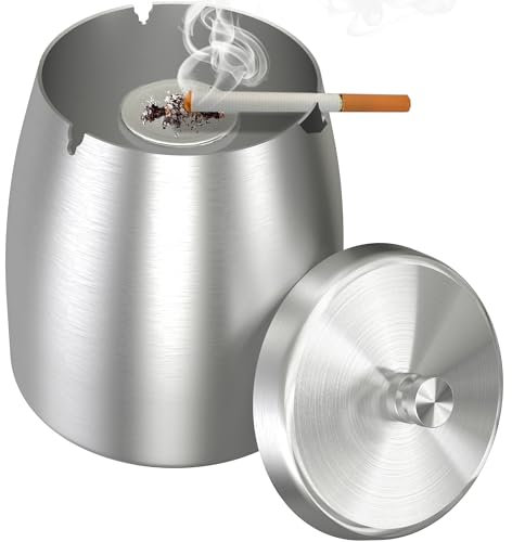 AwmnSrman Aschenbecher für den Außenbereich, Aschenbecher mit Deckel aus Edelstahl, winddicht, abnehmbar für einfache Reinigung, rutschfeste Asche für Tisch, Silber, Φ11,8 * H12,3 cm