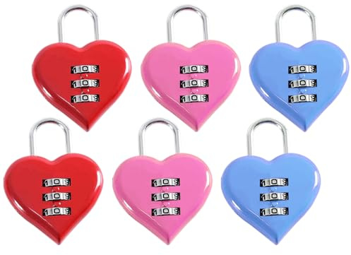 Kellegour 6 Stück Gepäckschlösser,Zahlenschloss,Buntes Kombinationsschloss,Mini Code Schloss 3-stelliges,Herzform Vorhängeschloss für Gepäck,Rucksack,Schmuckschatulle,Flurschließfach(3 Farben)