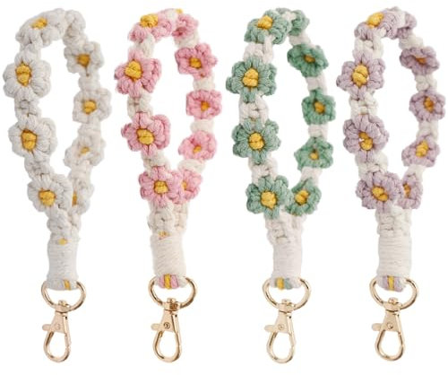 4 Stück Makramee Schlüsselanhänger Band, Boho Schlüsselband Kurz Schlüssel Anhänger Schlüsselbund, Handgefertigter Gänseblümchen Autoschlüssel Armband Geschenk für Frauen Mädchen (Stil A)