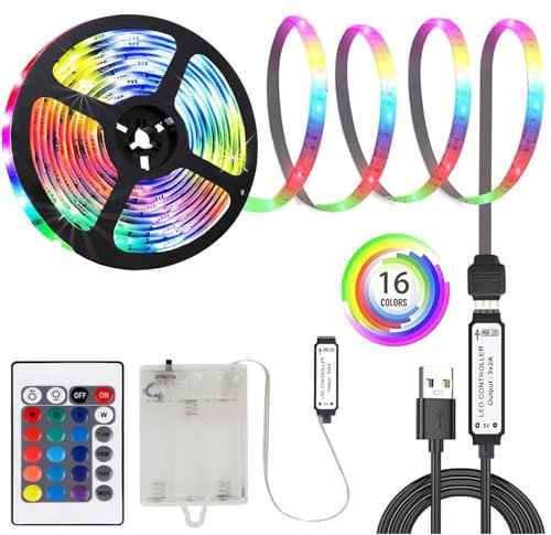 MUSUNIA LED Streifen Batterie - 2M RGB 5050 LED Strip Batteriebetrieben oder USB Batteriebetrieben,Ferndimmbar 16-Farben,Schneidbar für TV Hintergrundbeleuchtung Deko,Schränke,TreppenDeko