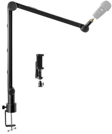 CROWNSHOP Microphone Boom Arm AK-48 Mic Arm Desk Adjustable Compact Mic Suspension with Mobile Phone Clip Microphone Stand Mic Stand Boom Scissor Arm Stand for Mics