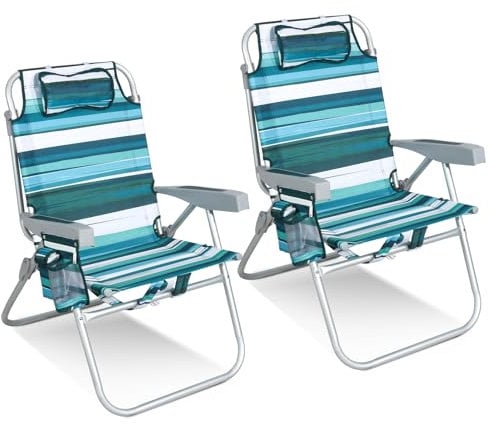 Homecall Strandstuhl Klappbar Leicht Klappstuhl Strand 5-stufig verstellbare Rückenlehne - Strandsessel Strandstühle Faltbar Bis 136KG für Strand, Outdoors (Hoch, Klassisch Gestreift, 2 Stück)