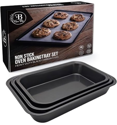 Fusion Bliss Non-Stick Baking Tray Set for Oven – Heavy Duty Carbon Steel Roasting Trays & Oven Trays – Bakeware for Cookies, Cakes, Roasting Tin, and More – Cooking Trays Assorted (Pack of 3)