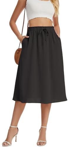 WUWUSKY Women's Skirts Elastic High Waist Flowy Midi Skirt Summer Casual Elasticated A Line Skirts with Pockets,Black,S
