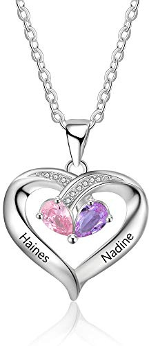 jewelora Personalisierte Damen Kette mit 2 Namen 925er Sterlingsilber Anhänger in Herzform Geschenk für Damen, Mütter, Ehefrauen, Freundinnen (2 stone)