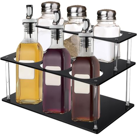 UNICRAFTALE 2-Tier Acrylic Coffee Syrup Organizer Rack 6 Bottle Black Bottle Holder Stand Coffee Syrup Rack Kitchen Countertop Pantry Fridge Storage Organizer for Condiments Wine Soda Beer