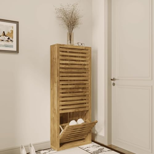 Home Source 3 Tier Shoe Cabinet – Modern Tall Shoe Storage Cupboard for 18 Pairs – Space-Saving 3 Door Flip-Down Shoe Rack for Hallway, Bedroom or Porch – Durable Wooden Shoe Organiser in Oak Finish