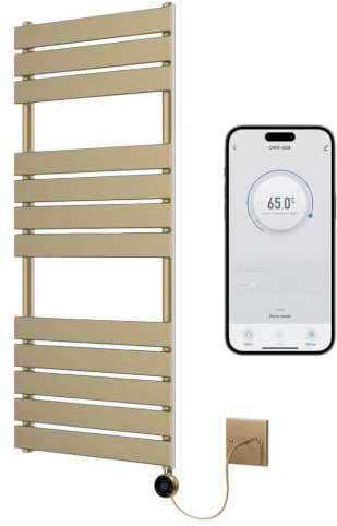 Richmond Brushed Brass WiFi Electric Heated Towel Rail 500mm W x 1200mm H | Smart WiFi Controlled, Flat Design, 7 Day Programming, App Compatibility, Wall Mounted