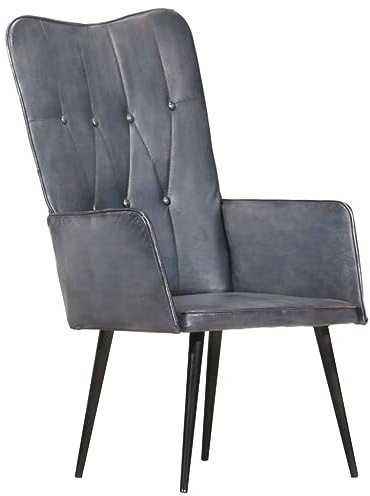 Bucmath Öronfåtölj grå äkta läder, 55 x 41 x 97 cm, vadderad, med knappdesign, bekväm lässtol för vardagsrum, sovrum, kontor, avslappnat sittande