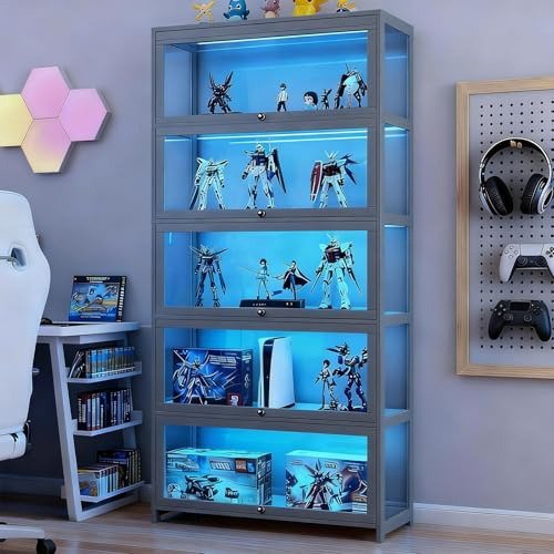 Scribora 5-Tier Display Cabinet with Acrylic Glass Doors, Collectibles Toy Organizers Rack & Display Shelf, Bookcase for Home Office Playroom Living Room (Grey-flip Door)