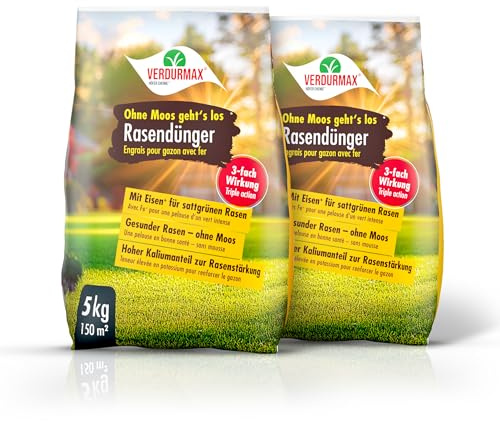 2 x 5 kg VERDURMAX Rasendünger mit Eisen - Ohne Moos geht´s los | Schnelle & revitalisierende Antimooswirkung – tiefer und robuster grüner Rasen – reich an Stickstoff, Kalium und 9 % Eisen