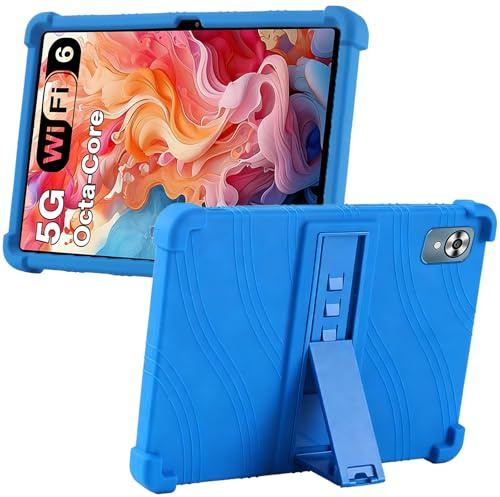 MEMELOKA Coque pour fezawio f11 Android 14 Tablet 10 Pouces, Étui de Protection Antichoc en Silicone Souple avec Réglable Support[Anti-Rayures][Antidérapante], Bleu