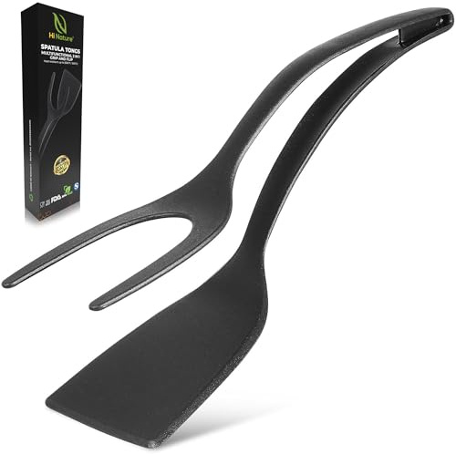 Hi Nature Spatule et pince 2 en 1 - Spatule à œufs pour œufs au plat, crêpes et hamburgers - Résistante à la chaleur - Sans BPA - Anti-adhésive - Passe au lave-vaisselle (noir)