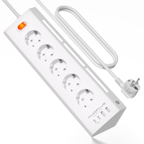 Steckdosenleiste mit USB, Steckdosenleiste Wandmontage mit LED-Nachtlicht | 5 Fach mit 2 USB-C & 2 USB-A-Anschluss, Mehrfachsteckdose mit Überspannungsschutz (3680W/16A), 2M Kabel, Weiß