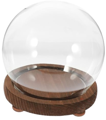Kichvoe Cloche en Verre Sphérique 15 Cm avec Base Antique en Bois, Terrarium Décoratif Transparent pour Fleurs Conservées, Vitrine Anti-poussière, Présentoir Créatif pour Jardin