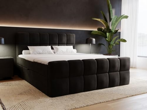 GRAINGOLD Alicante Bett, Boxspringbett mit Bettkasten, Polsterbett mit Bonell-Matratze, Velvet-Stoff, mit Topper, mit Kopfteil (Schwarz, 180x200)