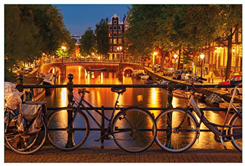 Wallario Küchenrückwand selbstklebend 90 x 60 cm, Motiv: Amsterdam bei Nacht - Brücken und Fahrräder | Spritzschutz abwischbar & pflegeleicht