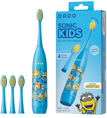 ORDO Minions Elektrische Kinderzahnbürste, Sonic-Zahnbürste, 4 Bürst, Blau | Elektrische Kinderzahnbürste, weiche Borsten, 4 Bürstenköpfe, 60 Tage Akkulaufzeit, 18.000 Sonic-Impulse