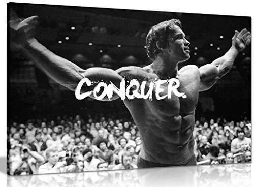 Large Canvas Wall Art, Arnold Schwarzenegger Conquer, Black & White 36x24 | Panther Print Motivational Framed Ready to Hang, Inspirational Gym Office Bedroom Wall Decor, Solid Pine Frame, UV Inks