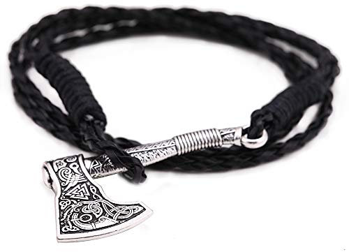 TEAMER Nordische Wikinger Axt Wickelarmband Amulett Triquetra Muster Anhänger Armband Geschenk für Männer Frauen(Antik Silber & Geflecht PU)