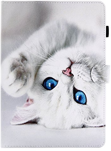 Lspcase Coque pour Samsung Galaxy Tab A 9.7 Pouces SM-T550 / SM-P550, Flip Wallet Pochette Housse Étui en Cuir avec Support, Réveil/Sommeil Automatique, Porte-Stylo - Chat Blanc Mignon