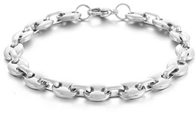 AFSTALR Kaffeebohne Armband Herren Edelstahl 9mm KaffeeKette für Männer Silber Kette 24CM Hip Hop Armbänder Plattenkette für Herren