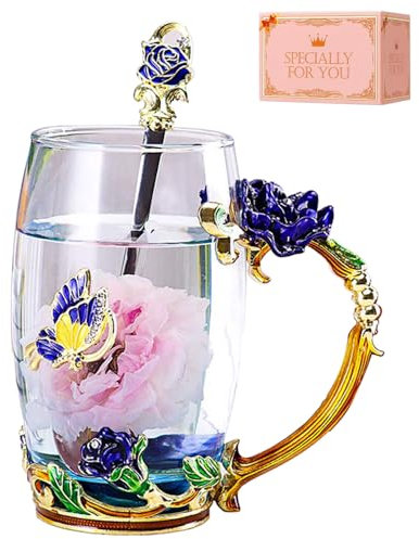 DasyFly Tasse à thé en forme de marguerite faite à la main en verre émail avec cuillère délicate et boîte cadeau, cadeau parfait pour épouse, fête des mères, anniversaire Tasse à café rose bleu.
