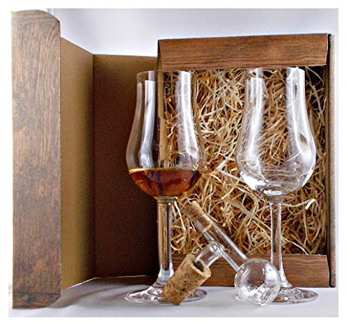 2 Stölzle Tasting Whiskey Gläser & Glaskugelportionierer Karton Holzoptik | Geschenkset Whisky Gläser von Stölzle & 1 Portionierer, mundgeblasen zum feinen Dosieren Männergeschenke