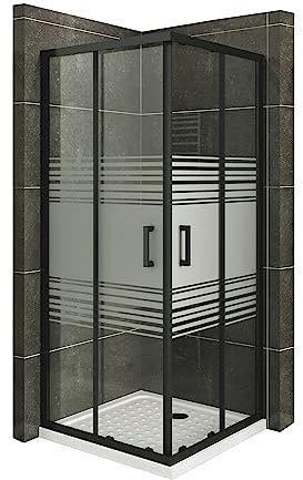Mampara de Ducha Diana 90x90x180cm, REVERSIBLE, Puertas Correderas, Ajuste 72.5-74.5x77.5-79.5cm, Perfiles Negros, Cristal Templado Parcialmente Satinado 6mm