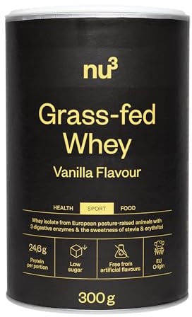 nu3 Grass-Fed Whey Vanille, Premium-Whey-Protein aus Weidehaltung, ohne Sucralose, Zuckerzusatz, Konservierungsstoffe, mit Bromelain, Papain, Laktase, für Gewichtsmanagement & Muskelaufbau – 300 g