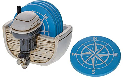 Pine Ridge Getränkeuntersetzer-Set für Außenbordmotoren – nautisches Sternenkompass-Design Untersetzer mit Bootsmotor-Halter – Couchtisch-Untersetzer, 5er-Set mit Gummi-Pads
