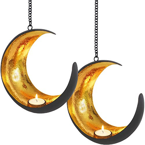 Teelichthalter Gold Deko Wohnzimmer Modern - Teelichthalter hängend Set Von 2 - Teelichthalter Metall - Wohnzimmer Deko - Schöner Schatteneffekt - Deko Gold - Durch Gadgy