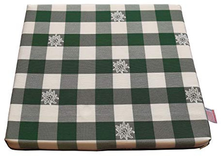 Sitzkissen Karo mit Edelweiß in Grün | 1 Stück Stuhlkissen komplett mit Schaumstoff-Füllung 35 x 38 x 3,5 cm | passende Landhaus-Serie - langlebig, grün-weiß kariert aus Webstoff mit Reißverschluss