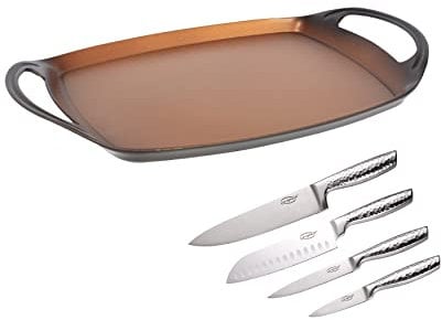 SAN IGNACIO Origen |Set de 5 Piezas con Plancha Antiadherente de 36 x 7,1 cm y 4 cuchillos de Acero Inoxidable | Aluminio Forjado | Juego de Sartenes y Cuchillos | Apta para Todo Tipo de Cocinas