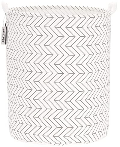 Sea Team 19.7 Inch Large Sized Waterproof Coating Ramie Cotton Fabric Folding Laundry Hamper Bucket Cylindric Burlap Canvas Storage Basket with Stylish Arrow Grey B Design