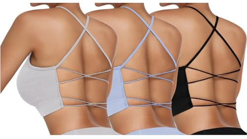 Vertvie Damen Sport BH Gepolstert Crossback Yoga Sports Bra Spaghettiträger Rücken Verkreuzt Gerippt Bustier Ohne Bügel Atmungsaktiv BH mit Abnehmbaren Cups(3pc: Schwarz + Grau + Blau,M)