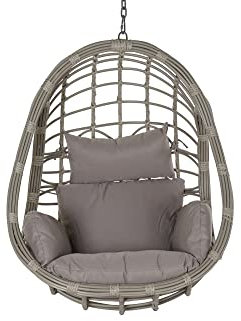 JUANIO Sillón de Jardin Colgante en Ratan Sintético con Cojín Gris - Ancho 92 x Alto 113 x Fondo 70 cm